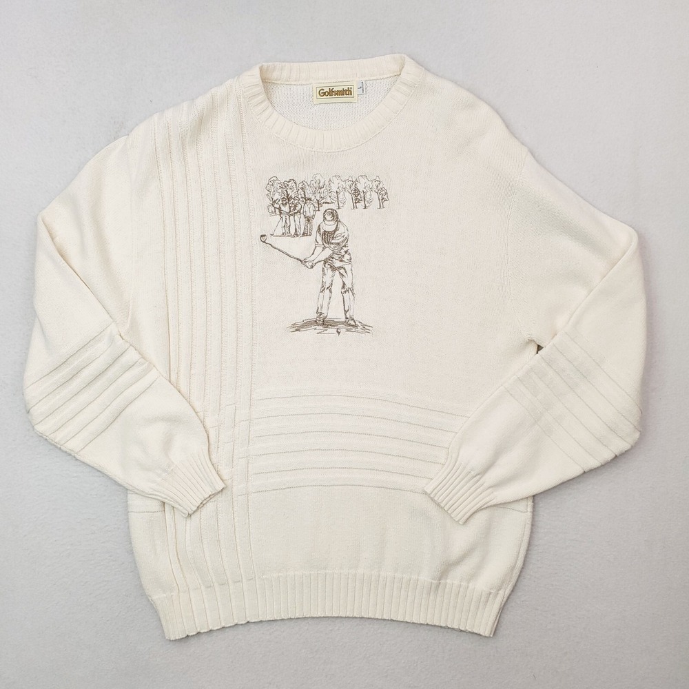 Vintage Golfsmith Sweater Mens Large Cream White Golf Tee Time Pullover USA MADE